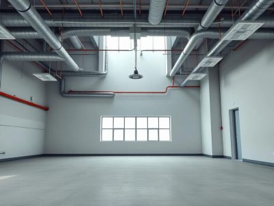 Vast empty office space, bare walls, exposed pipes, awaiting renovation, refurbishment, concrete