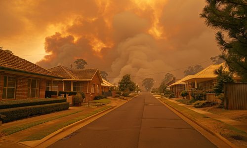 Bushfire smoke billowing into sky behind houses along main street of country town in hunter valley, conveying a sense of danger and emergency